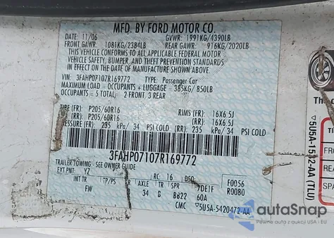 2007 Ford Fusion Se from USA, damaged, VIN 3FAHP07107R169772